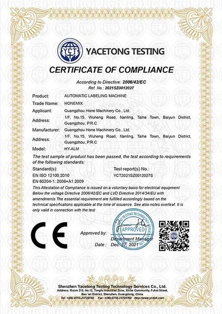 China Guangzhou Hone Machinery Co., Ltd. certificaciones