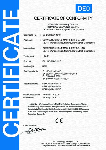 China Guangzhou Hone Machinery Co., Ltd. certificaciones